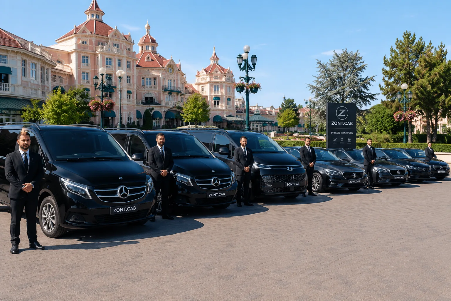 ZONT.CAB MICE fleet of luxury Mercedes vehicles in front of Disneyland Hotel Paris